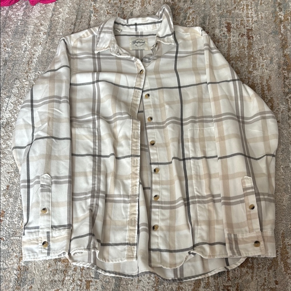JACHS Girlfriend Beige and Gray Plaid Button Down Shirt